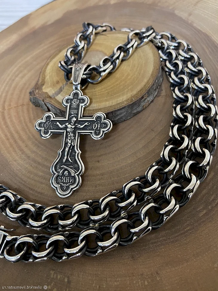 Серебряная цепь бисмарк с крестом