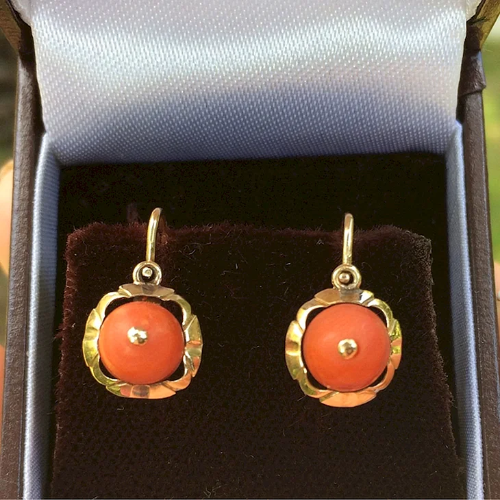 Серьги коралл золото 583 пробы золота