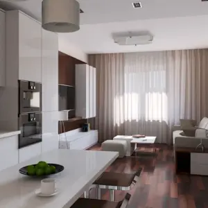 Интерьер прямоугольной кухни гостиной 19кв