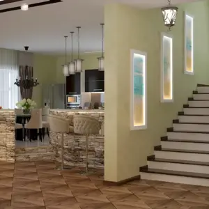 Лестница между кухней и гостиной в частном доме
